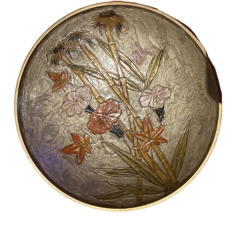 Rare Ornate Brass Metal Bowl Dish with Etched & Hand Painted florals made India
